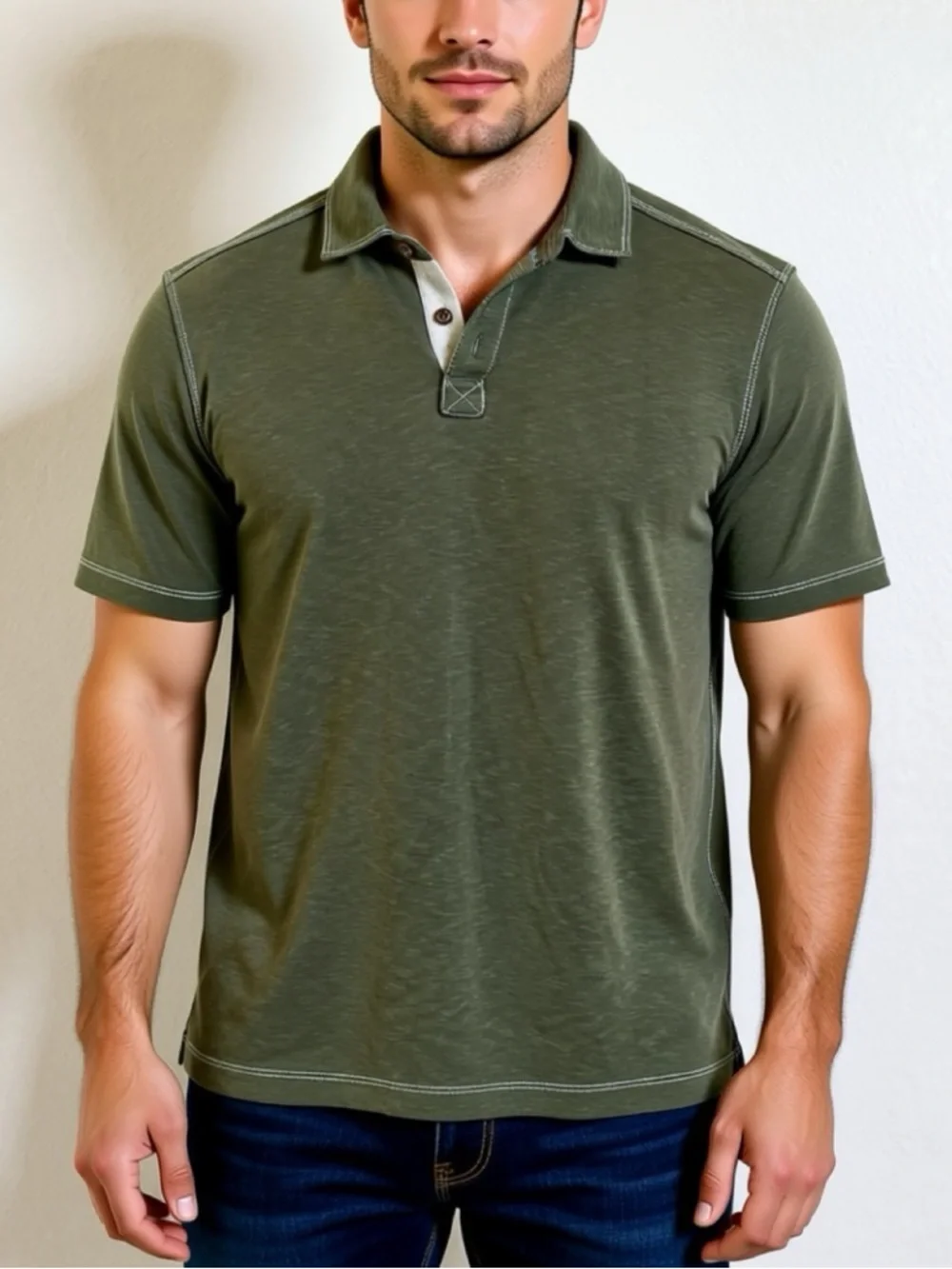 Johnston & Murphy Olive Green Short-Sleeve Polo with Contrast Placket - Picture 1 of 6
